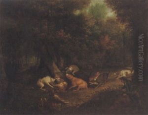A Wooded Landscape With Dogs Attacking A Boar by Carl Borromaus Andreas Ruthart