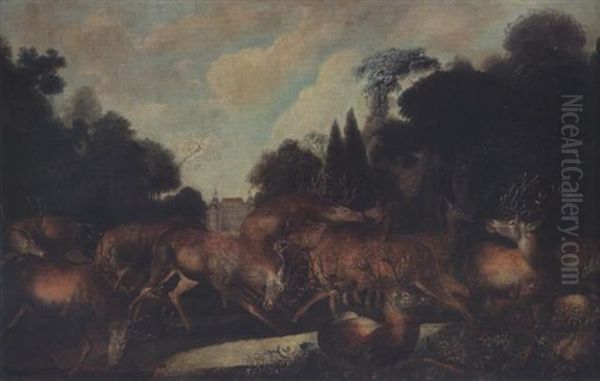 A Wooded Landscape With Stags And Hinds By A Stream, A Schloss In The Distance - view 1
