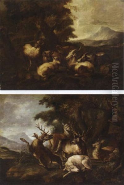A Mountainous Landscape With Sheep And Goats Resting Under A Tree - view 1