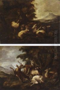 A Mountainous Landscape With Sheep And Goats Resting Under A Tree by Carl Borromaus Andreas Ruthart