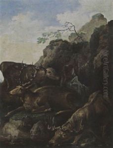 An Elk Drinking And Two Deer Resting By A Waterfall by Carl Borromaus Andreas Ruthart
