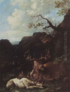 An Elk, An Albino Stag And A Deer Resting Under A Tree In A Mountainous Wooded Landscape Near A Waterfall by Carl Borromaus Andreas Ruthart
