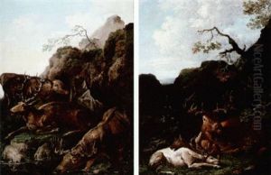 Mountainous Landscape With Deer by Carl Borromaus Andreas Ruthart