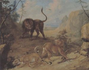 Zwei Leoparden Und Ein Lowe In Einer Landschaft by Carl Borromaus Andreas Ruthart