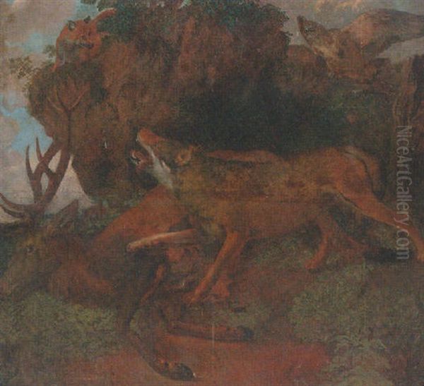 A Wolf With A Dead Stag, Fox And Eagle On A Outcrop - view 1