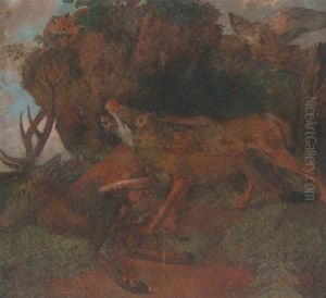 A Wolf With A Dead Stag, Fox And Eagle On A Outcrop by Carl Borromaus Andreas Ruthart