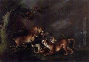 Wildkatzen - Lowe Im Kampf Mit Zwei Leoparden by Carl Borromaus Andreas Ruthart