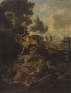 A Stag, Two Hinds And Herons On A River Bank In A Mountainous Landscape by Carl Borromaus Andreas Ruthart