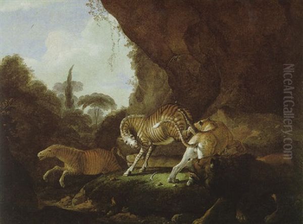 Kampf Zwischen Einem Leoparden Und Einem Zebra In Einer Waldlandschaft - view 1