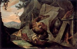 Leoparden Uberfallen Einen Hirsch In Einer Gebirgslandschaft by Carl Borromaus Andreas Ruthart