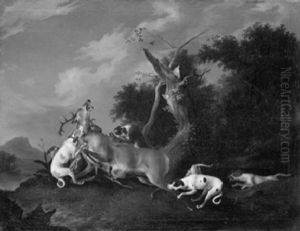 Acht Jagdhunde Stellen Am Waldrand Einem Kapitalen Hirsch by Carl Borromaus Andreas Ruthart