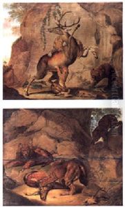 A Rocky Landscape With Leopards Attacking A Stag by Carl Borromaus Andreas Ruthart