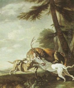 Hounds Bringing Down A Stag In A Landscape