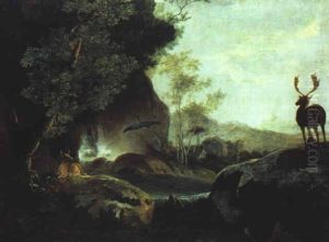 Gebirgslandschaft Mit Einem Sturzbach Und Einem Wachenden Elch