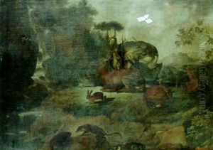 Stags Resting In A Clearing With Other Animals By A Waterfall by Carl Borromaus Andreas Ruthart