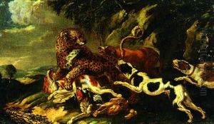Hounds Attacking A Leopard by Carl Borromaus Andreas Ruthart