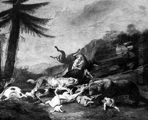Hounds Bringing Down Boar In A Landscape by Carl Borromaus Andreas Ruthart