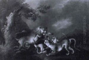 Ein Lowe Im Kampf Mit Geparden by Carl Borromaus Andreas Ruthart