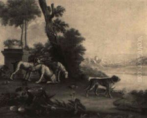Guard Dogs And Hounds By Classical Ruins In Italianate Landscapes by Carl Borromaus Andreas Ruthart