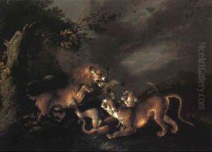 Lion Attacking, Two Leopards by Carl Borromaus Andreas Ruthart