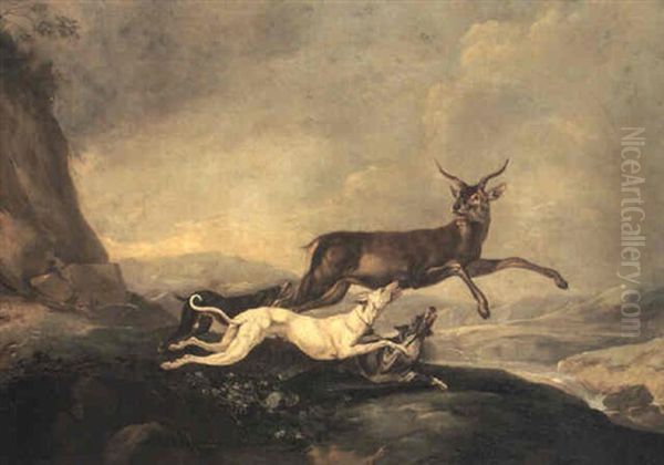 Hounds Attacking A Stag In A Mountainous Landscape - view 1