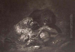 Eine Wildkatze Verteidigt Ihre Beute Vor Angreifendem Braunb,ren by Carl Borromaus Andreas Ruthart