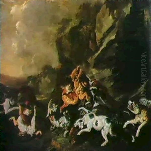 Ein Lowe Und Ein Leopard Mit Einem Geschlagenen Hirsch. - view 1