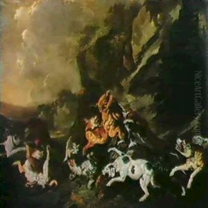 Ein Lowe Und Ein Leopard Mit Einem Geschlagenen Hirsch.