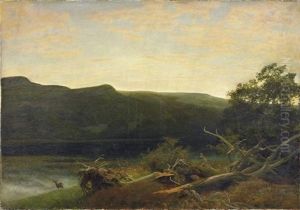 Der Waldsee. Blick Vom Ufer Auf Das Im Morgennebel Liegende Gewasser Bei Aufgehender Sonne by Johann Valentin Ruths
