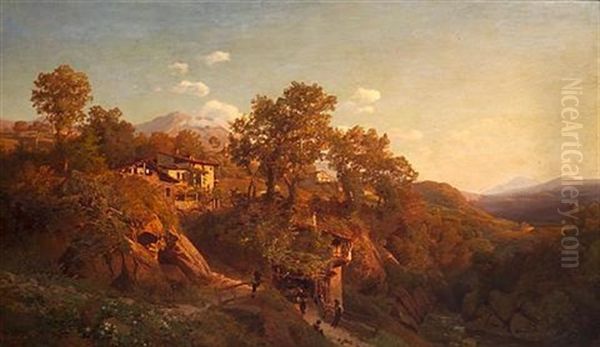 An Italianate Landscape With A Group Of Figures Outside A House In The Foreground - view 1