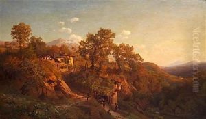 An Italianate Landscape With A Group Of Figures Outside A House In The Foreground