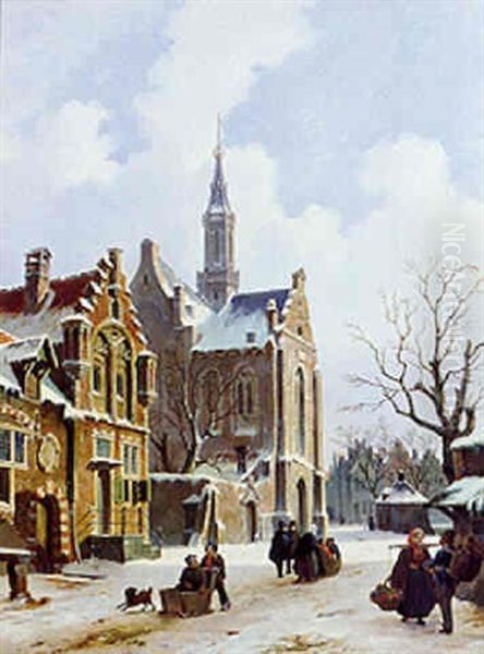Winter: Townfolk Strolling Near A Church - view 1