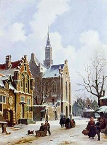 Winter: Townfolk Strolling Near A Church