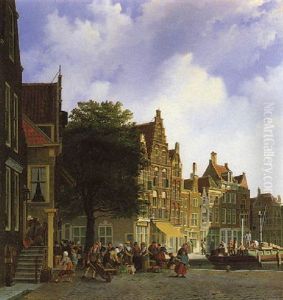 A View In A Town With Several Villagers By A Grocery Market And Workers Unloading A Cargo Boat Nearby by Johannes Rutten