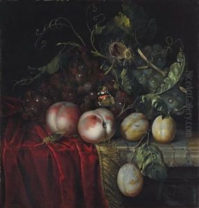 A Bunch Of Grapes, Two Peaches, Plums And A Chestnut, With A Butterfly And A Cockroach by Anna Elisabeth Ruysch