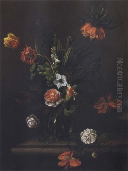 Still Life Of Flowers In A Glass Vase On A Ledge - view 1
