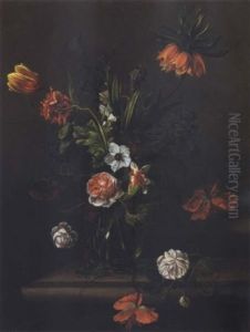 Still Life Of Flowers In A Glass Vase On A Ledge by Anna Elisabeth Ruysch