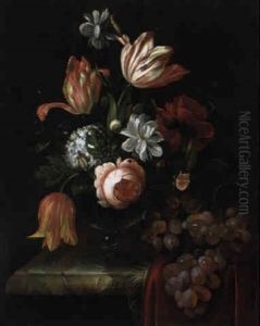 Blumenstraus Von Tulpen, Rosen, Gardenien Und Einem Schneeball by Anna Elisabeth Ruysch
