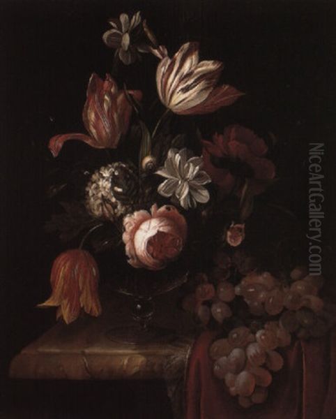 Tulips, Roses And Other Flowers With A Bunch Of Grapes On A Draped Ledge - view 1