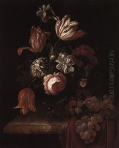 Tulips, Roses And Other Flowers With A Bunch Of Grapes On A Draped Ledge