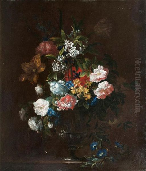 Peonies, Orange Blossom And Tulips In A Footed Vase On A Ledge - view 1