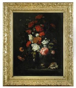 Still Life Of Summer Flowers Including Double Hollyhocks, Ranunculus, Marigolds, Roses, Stocks Poppies And Carnations In A Glass Vase On A Stone Ledge With A Shell by Rachel Ruysch