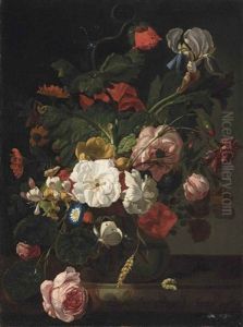 Roses, Carnations, Poppies, Morning Glories, And Other Flowers In A Glass Vase, On A Stone Ledge With A Worm