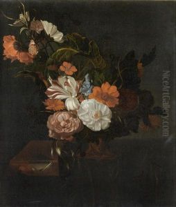 Roses, A Tulip, A Poppy, Nasturtiums, Marigolds And Other Flowers In As Vase, And A Butterfly On A Partly Draped Marble Ledge by Rachel Ruysch