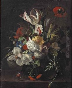 Iceland Poppies, A Tulip, Guelder Rose, Morning Glory And Gerbera In A Glass Vase, With A Butterfly On A Stone Ledge by Rachel Ruysch