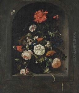 Roses, Carnations, Poppies, Lilies, Morning Glories, Daisies And Other Flowers In A Glass Vase, In A Niche With Butterflies And Snails by Rachel Ruysch