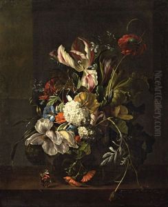 Flower Still Life With Tulips, Poppy, Viburnum, Bindweed And Chrysanthemums by Rachel Ruysch