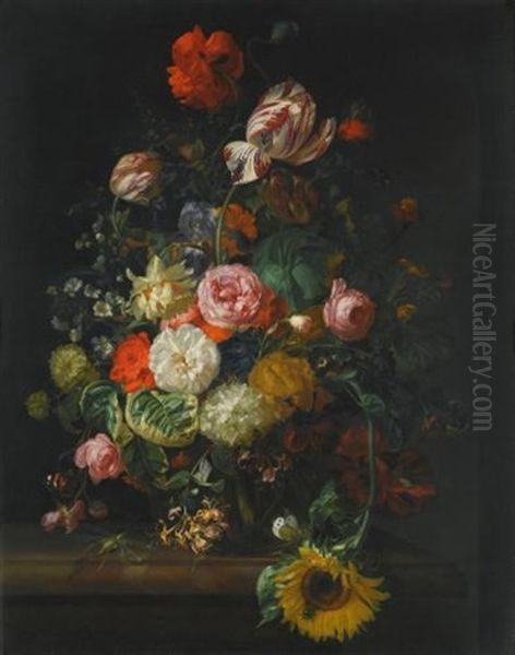 Still Life Of Roses, Tulips, A Sunflower And Other Flowers In A Glass Vase With A Bee, Butterfly And Other Insects Upon A Marble Ledge - view 1