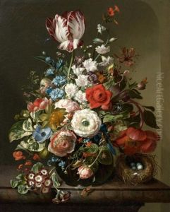 Vase De Fleurs Sur Un Entablement, Nid Et Insectes by Rachel Ruysch