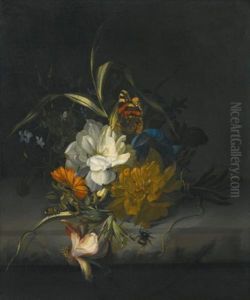 Still Life With Marigolds, Morning Glory, A Passion Flower And Other Assorted Flowers, Together With Insects On A Stone Ledge by Rachel Ruysch